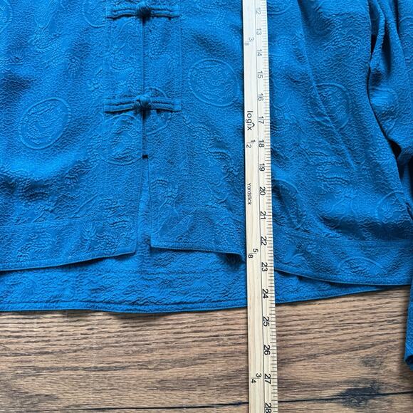 Vintage Chico’s Design 100% Silk Mandarin Collar Dragon Button Shirt Teal Sz 2 - Picture 5 of 6